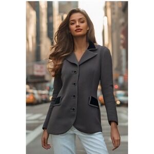 Vintage Butte Wool Knit Jacket Velvet Trim Long Sleeve Pocket Black Size Small